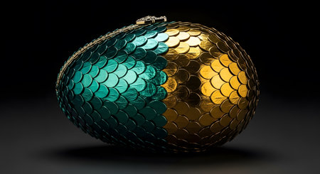 Dragon egg clutch bag. Shimmering golden teal scales. Luxurious fashion accessory. Mythical creature inspired. Elegant dark background.の素材