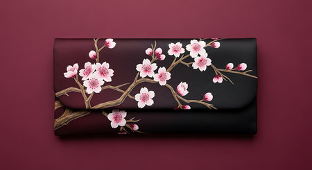 Elegant clutch bag; cherry blossom design; deep maroon background; top view; sophisticated accessory; floral artの素材