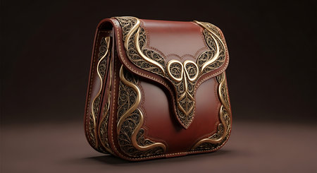 Ornate brown leather satchel; gold filigree purse; luxury handbag; decorative accessory; studio shotの素材