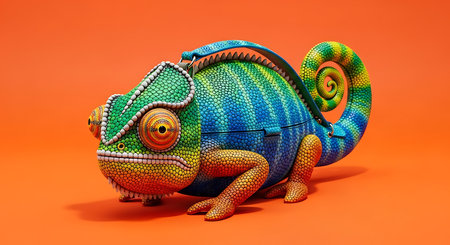 Chameleon inspired bag design. Colorful animal handbag. Whimsical accessory on vibrant orange. Unique fashion concept.の素材