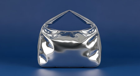 Metallic silver handbag. Shiny crumpled texture. Modern minimalist tote bag on blue background. Elegant design.の素材