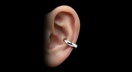 Shiny silver ear cuff, human ear, elegant modern jewelry, fashion accessory, studio shotの素材