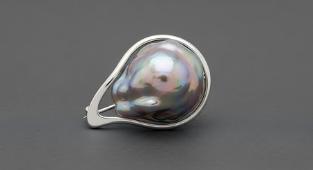 Elegant silver brooch, iridescent baroque pearl, modern design, dark gray backgroundの素材