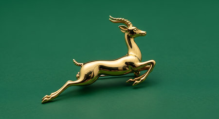 Golden gazelle figurine mid leap against a dark green backgroundの素材