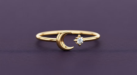 Gold open ring, crescent moon, sparkling star, diamond. Elegant celestial jewelry.の素材