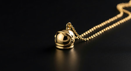 Shiny golden astronaut helmet charm pendant. Delicate chain on reflective black background.の素材