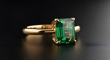 Stunning emerald ring. Gold band rectangular gemstone. Luxurious precious jewel.の素材