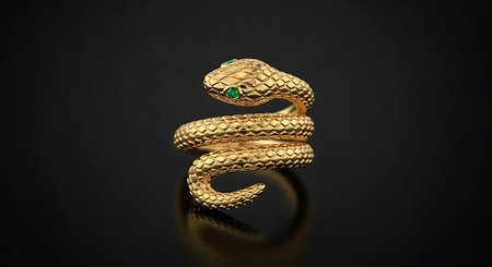 Gold snake ring with emerald eyes. Luxury jewelry design. Elegant serpent detail.の素材