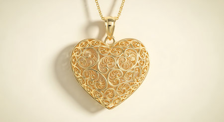 Ornate gold heart pendant, intricate filigree pattern, delicate jewelry, elegant accessory.の素材