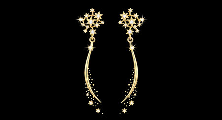 Sparkling gold dangle earrings with diamond starbursts and curved linesの素材