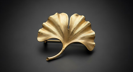 Golden ginkgo leaf brooch. Textured jewelry. Nature inspired accessory. Precious metal design.の素材