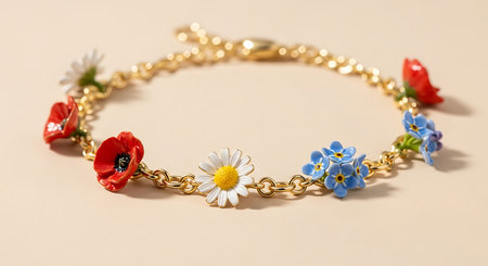 Enamel flower bracelet; red poppy, white daisy, blue forget me not; delicate floral jewelry.の素材