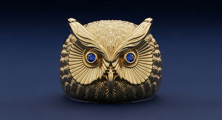 Golden owl ring with detailed feathers; brilliant blue sapphire eyes on dark blue backgroundの素材