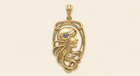 Gold pendant woman profile, flowing hair, blue gemstones, classic art nouveau jewelryの素材