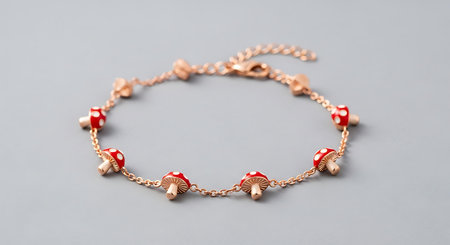 Rose gold bracelet, mushroom charms, whimsical accessory, playful jewelry design.の素材