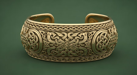 Gold Viking cuff bracelet, intricate Celtic knot patterns, zoomorphic designs, ancient jewelry.の素材