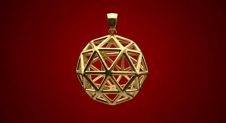 Intricate golden geometric dodecahedron pendant. Detailed triangular facets. Rich red background.の素材