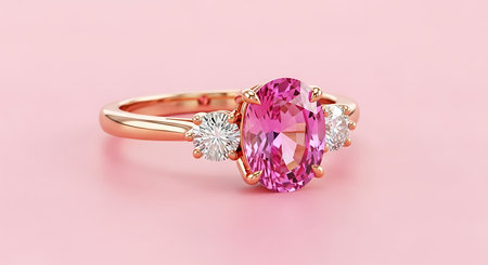 Rose gold ring. Oval pink sapphire. Brilliant white diamonds. Luxurious gemstone jewelry.の素材
