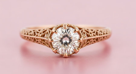 Rose gold engagement ring; brilliant cut diamond; intricate filigree band; elegant jewelry piece.の素材