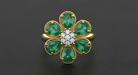 Gold flower ring. Emerald diamonds. Luxury jewelry. Natural beauty.の素材