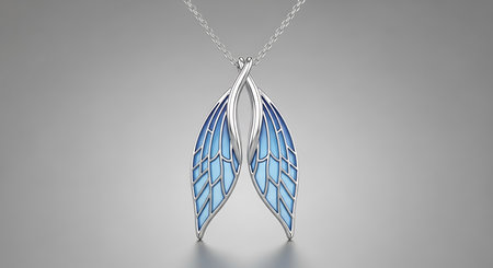 Silver pendant necklace, intertwined blue enamel wings. Elegant jewelry design.の素材
