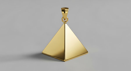 Gold pyramid pendant, simple jewelry, elegant accessory, clean lines, reflective metallic finishの素材