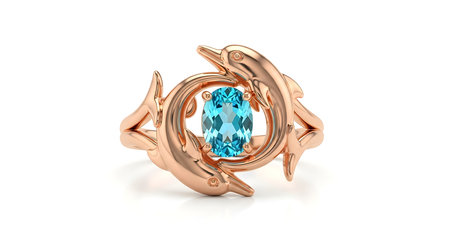 Rose gold ring, two dolphins embracing, oval blue topaz, ocean inspired jewelryの素材