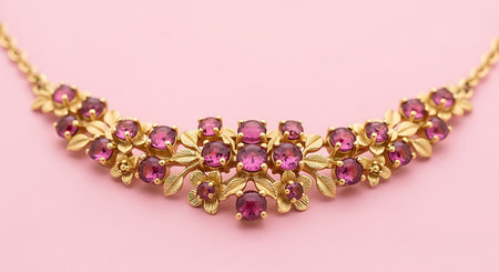 Stunning gold necklace with pink tourmaline gemstones in a floral pattern on soft pinkの素材