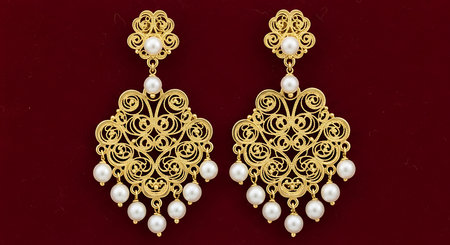 Gold chandelier earrings, intricate filigree scrolls, dangling white pearls, luxurious jewelryの素材