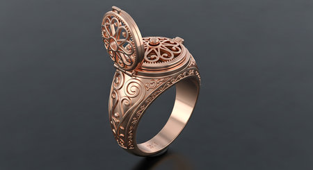 Rose gold locket ring; open filigree top; intricate scrollwork engraving; detailed jewelry.の素材