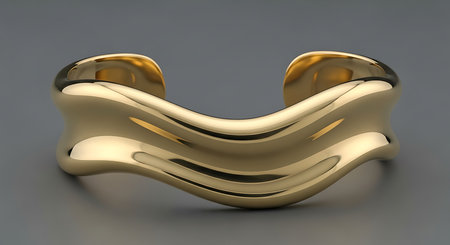 Golden cuff bracelet with wavy design. Elegant jewelry piece on gray surface. Fluid curves.の素材