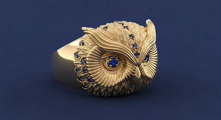 Golden owl ring. Sapphire eyes. Intricate jewelry design. Precious gold animal adornment.の素材