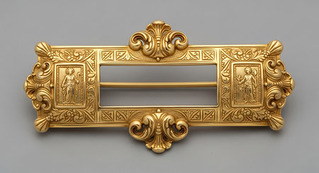 Elegant gold belt buckle with intricate scrollwork and classical figuresの素材