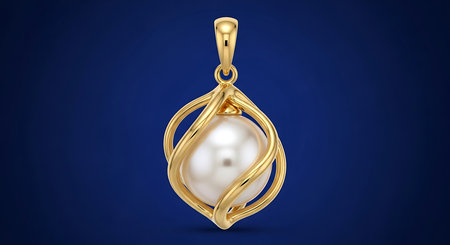 Elegant gold pendant with a white pearl embraced by golden swirlsの素材