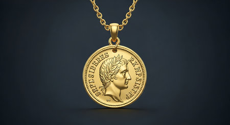 Gold coin pendant, Roman artifact, historical necklace, classic jewelry design.の素材