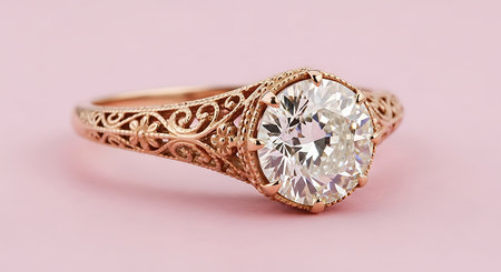 Rose gold engagement ring; round diamond solitaire; intricate filigree setting; elegant jewelry.の素材