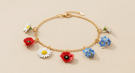 Floral charm bracelet with poppies, daisies, forget-me-nots on gold chain. Spring jewelry.の素材