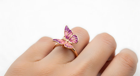 Rose gold butterfly ring. Pink purple enamel. Playful elegant jewelry.の素材