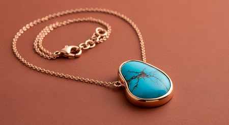 Gold chain necklace, teardrop turquoise pendant, polished gemstone. Elegant jewelry.の素材