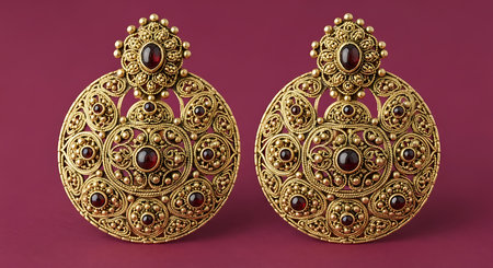Ornate gold earrings, red gemstones, intricate traditional Indian jewelry, magenta backgroundの素材
