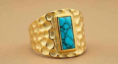 Gold ring, hammered texture, rectangular turquoise stone, bold designの素材