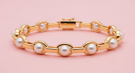Elegant gold link bracelet; round white pearls; secure clasp; soft pink backgroundの素材