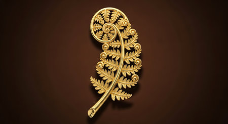 Golden fern brooch. Elegant nature inspired jewelry. Koru design style. Luxury fashion pin.の素材