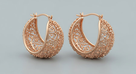 Elegant rose gold hoop earrings. Luxurious filigree jewelry. Women accessories.の素材