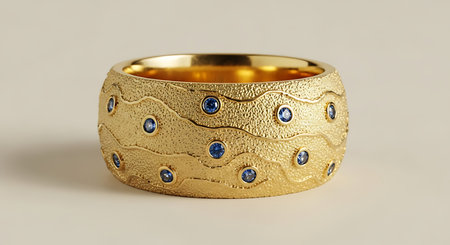 Textured gold ring. Blue sapphires wide band. Wavy pattern luxurious gemstone.の素材
