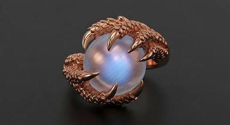 Dragon claw ring, moonstone gemstone, fantasy jewelry, luxury accessory, dark background.の素材