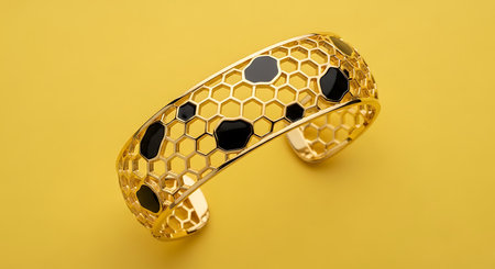 Stunning golden honeycomb pattern cuff bracelet with black enamel accentsの素材
