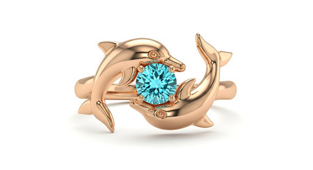 Rose gold dolphin ring; blue topaz gemstone, charming design, white backgroundの素材