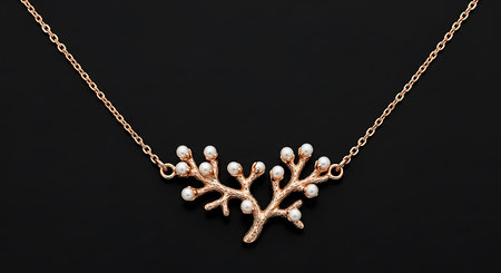 Delicate rose gold necklace. Coral shaped pendant. White pearls. Elegant accessory.の素材