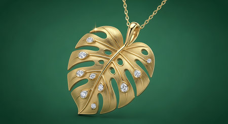 Luxurious gold monstera leaf pendant necklace with sparkling diamonds and emerald backgroundの素材